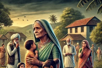 DALL·E 2025 02 27 18.39.43 A dramatic news illustration depicting a rural Indian village scene. In the foreground a distressed elderly woman with a sorrowful expression holds t