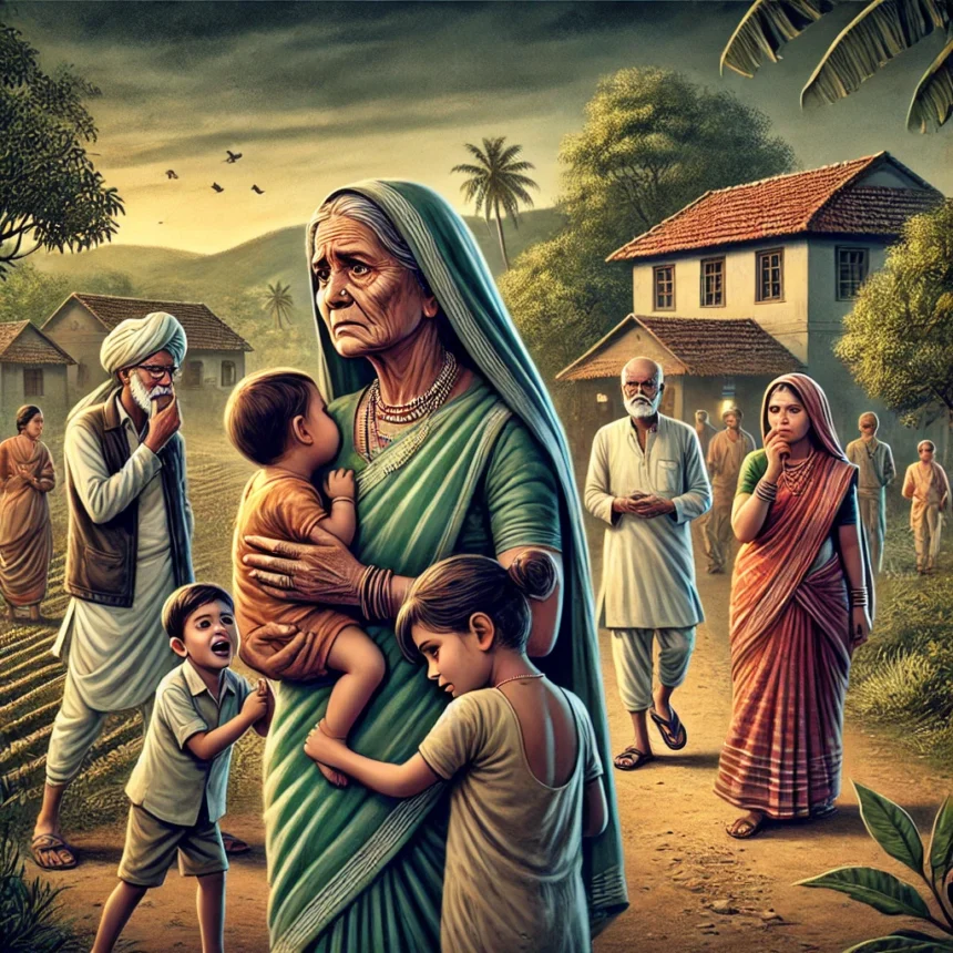 Jhansi UP News | चार बच्चों के पिता के साथ भागी तीन बच्चों की मां, गांव में मचा हड़कंप 1 DALL·E 2025 02 27 18.39.43 A dramatic news illustration depicting a rural Indian village scene. In the foreground a distressed elderly woman with a sorrowful expression holds t